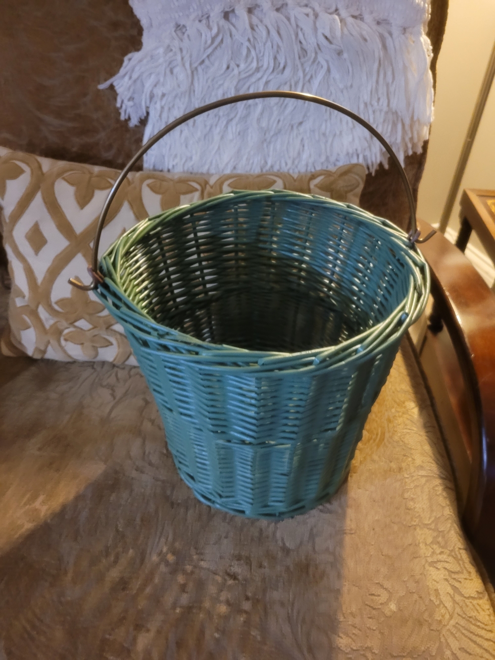 Vintage Painted Turquoise Wicker Gathering Basket – Tapered Garden Harvest Pail